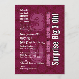 SURPRISE 30th Modern Birthday Maroon Big 3 Oh Invitation