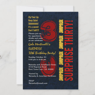 SURPRISE 30th Modern Birthday Red Gold Blue W610 Invitation