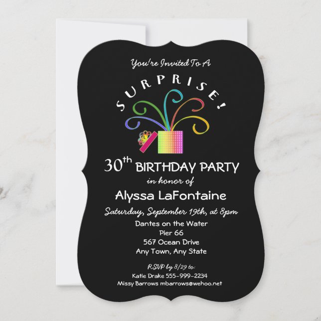 SURPRISE! 30th or Any Age Black Birthday Party Invitation (Front)