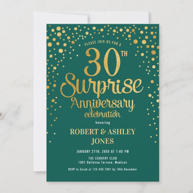 Surprise 30th Wedding Anniversary - Emeral  & Gold Invitation (Front)