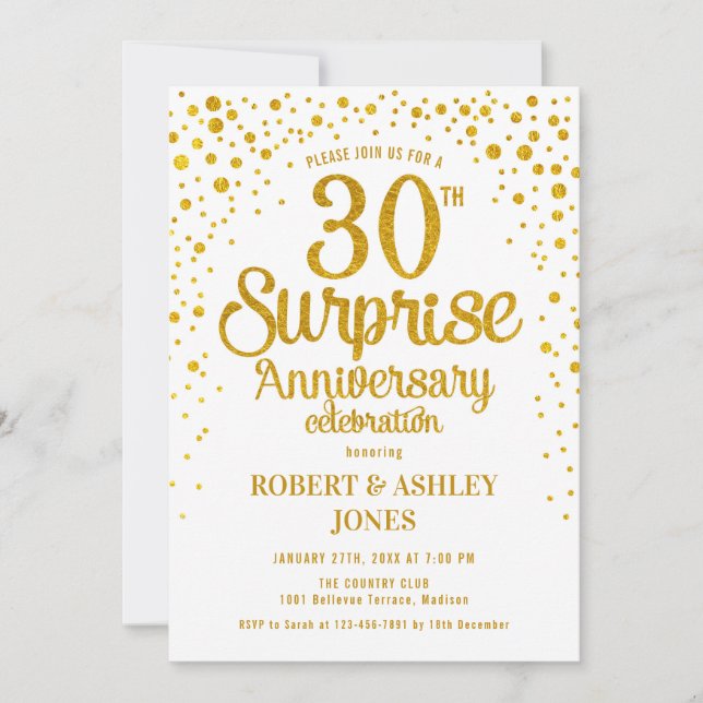 Surprise 30th Wedding Anniversary - Gold & White Invitation (Front)