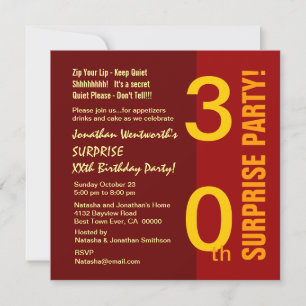 SURPRISE 30th Year Birthday Red Gold Sienna Invitation
