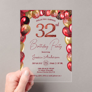 Surprise 32nd Birthday Party Gold Burgundy Glitter Acrylic Invitations