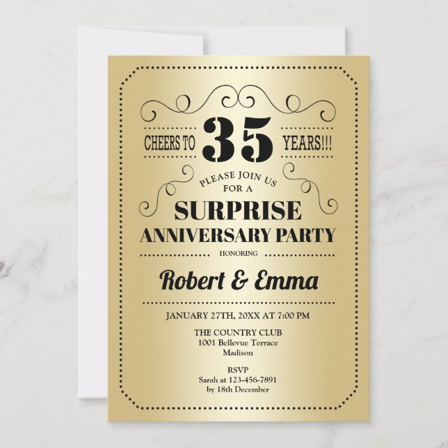 Surprise 35th Anniversary Party - Gold Black Invitation (Front)