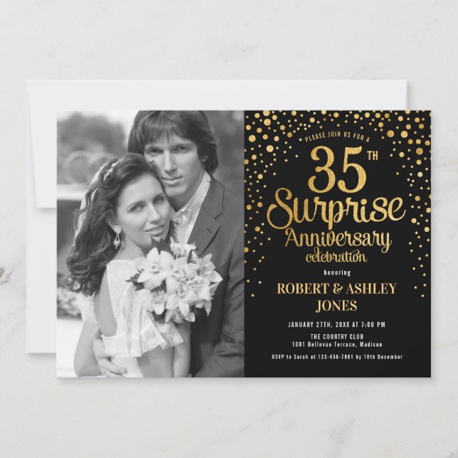 Surprise 35th Anniversary with Photo - Black Gold Invitation (Front)