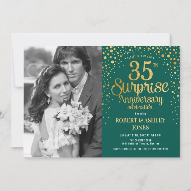 Surprise 35th Anniversary with Photo - Green Gold Invitation (Front)