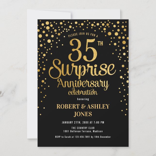 Surprise 35th Wedding Anniversary - Black & Gold Invitation (Front)