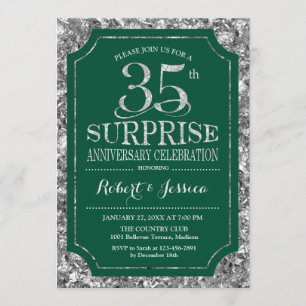 Surprise 35th Wedding Anniversary - Green Silver Invitation