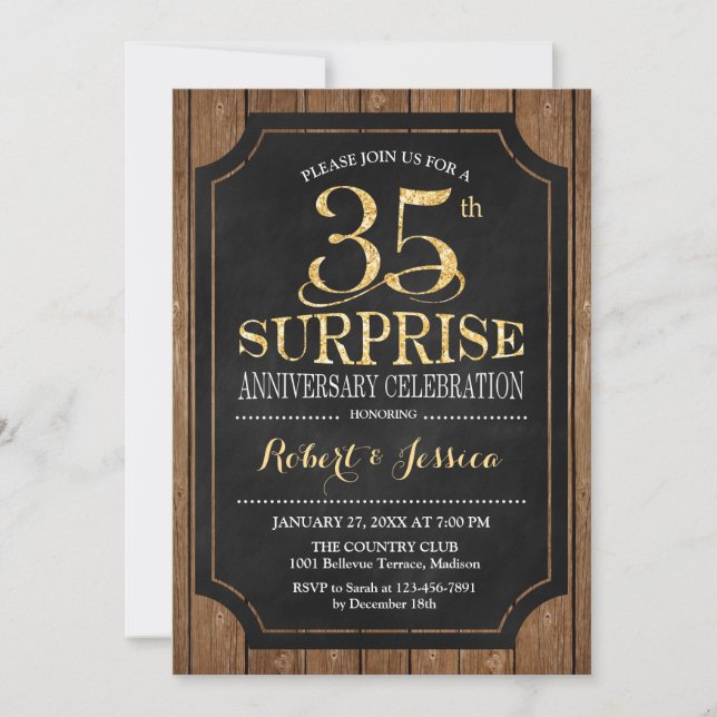 Surprise 35th Wedding Anniversary - Wood Gold Invitation (Front)