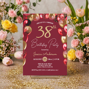 Surprise 38th Birthday Party Gold Burgundy Glitter Invitation