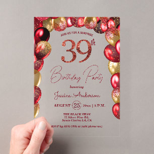Surprise 39th Birthday Party Gold Burgundy Glitter Acrylic Invitations