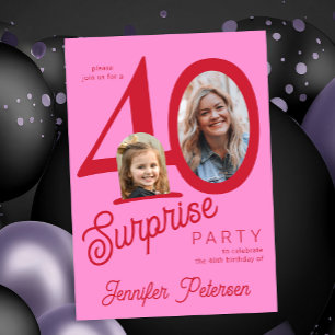 Surprise 40 modern red pink 2 photo 40th birthday  invitation