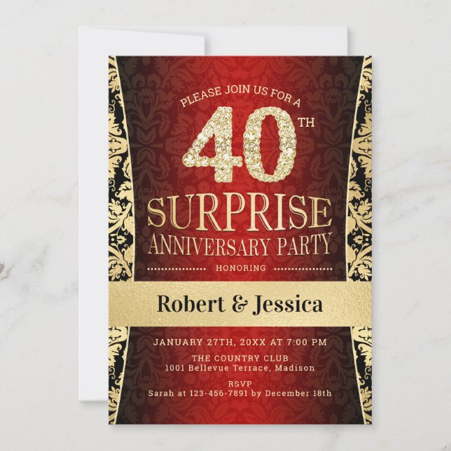 Surprise 40th Anniversary Party - Red Gold Black Invitation (Front)