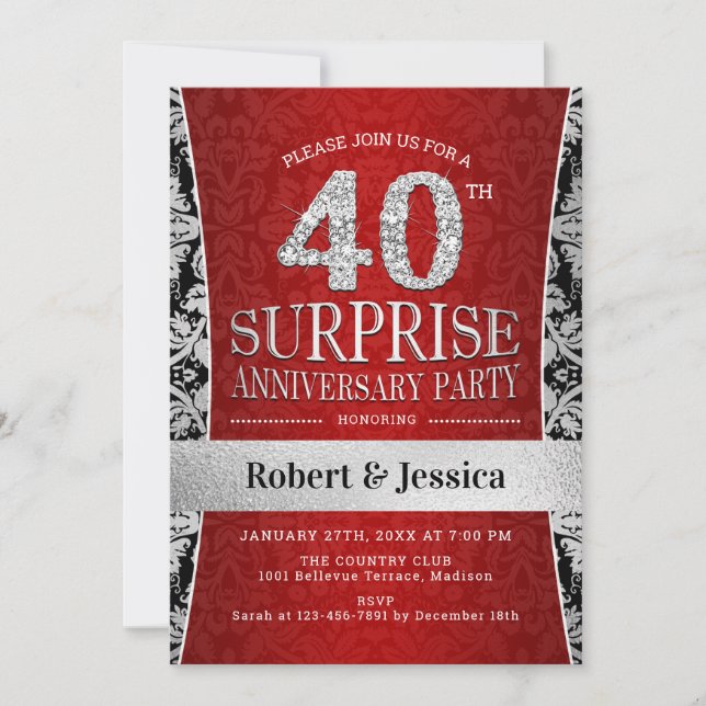 Surprise 40th Anniversary Party - Ruby Red Silver Invitation (Front)