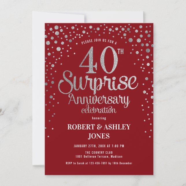 Surprise 40th Anniversary - Ruby Red & Silver Invitation (Front)
