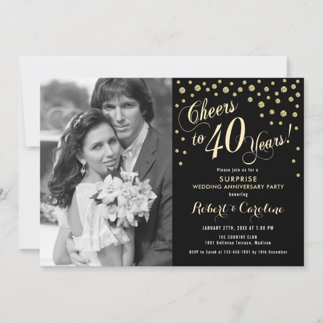 Surprise 40th Anniversary with Photo - Gold Black Invitation (Front)