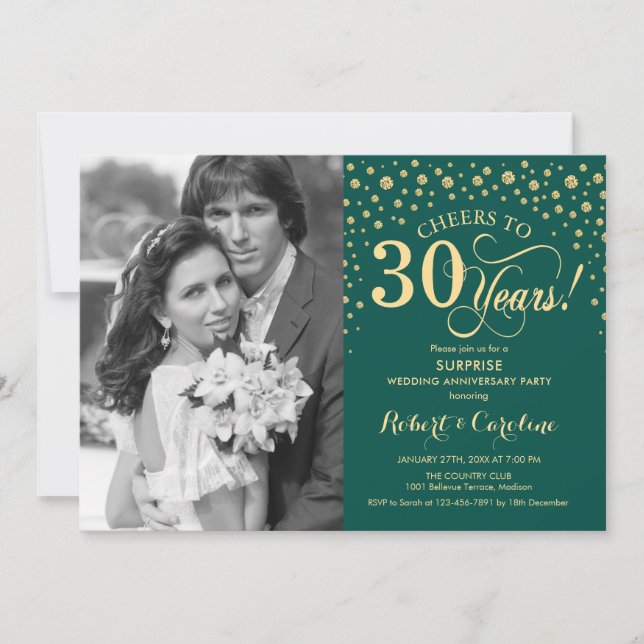 Surprise 40th Anniversary with Photo Green Gold Invitation (Front)
