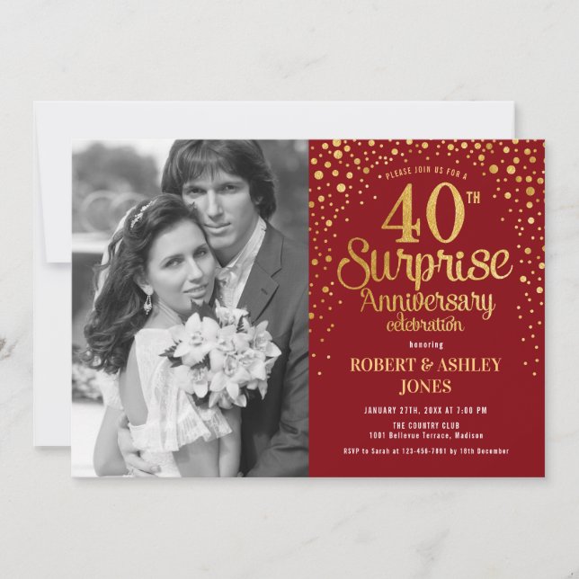 Surprise 40th Anniversary with Photo - Red Gold Invitation (Front)
