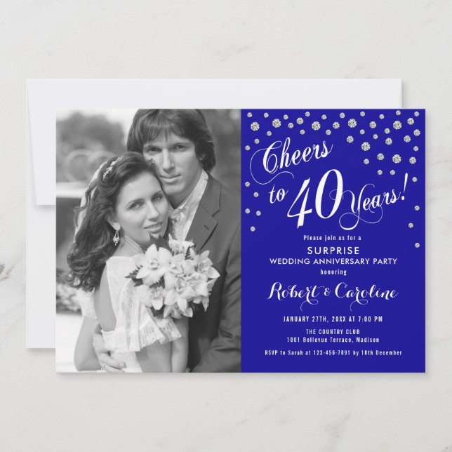 Surprise 40th Anniversary with Photo - Silver Blue Invitation (Front)