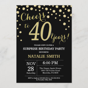Surprise 40th Birthday Black and Gold Diamond Invitation