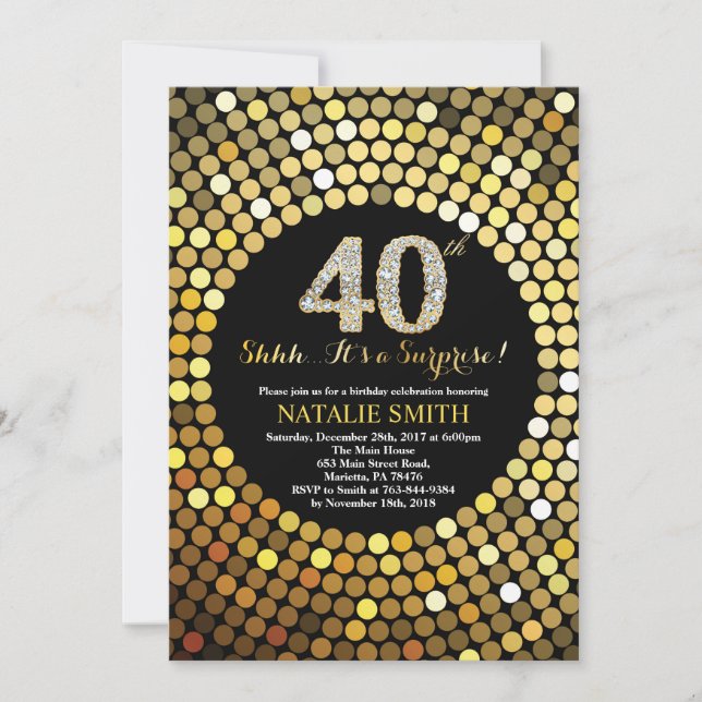 Surprise 40th Birthday Black and Gold Glitter Invitation (Front)