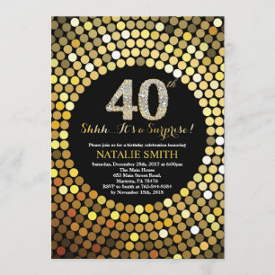 Surprise 40th Birthday Black and Gold Glitter Invitation