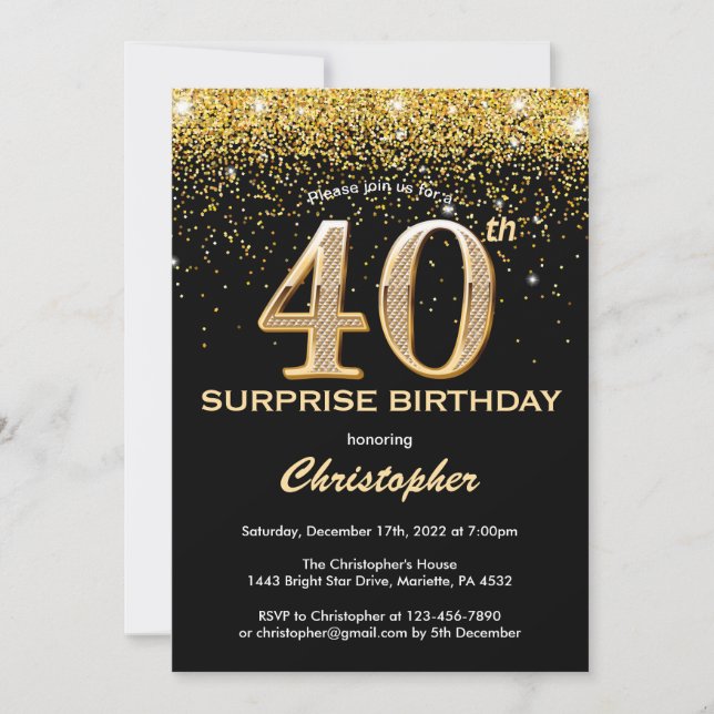 Surprise 40th Birthday Black and Gold Glitter Invitation (Front)
