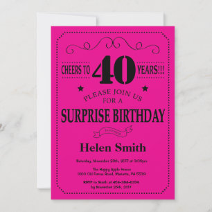 Surprise 40th Birthday Black and Hot Pink Invitation