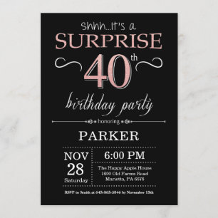 Surprise 40th Birthday Black and Rose Pink Gold Invitation