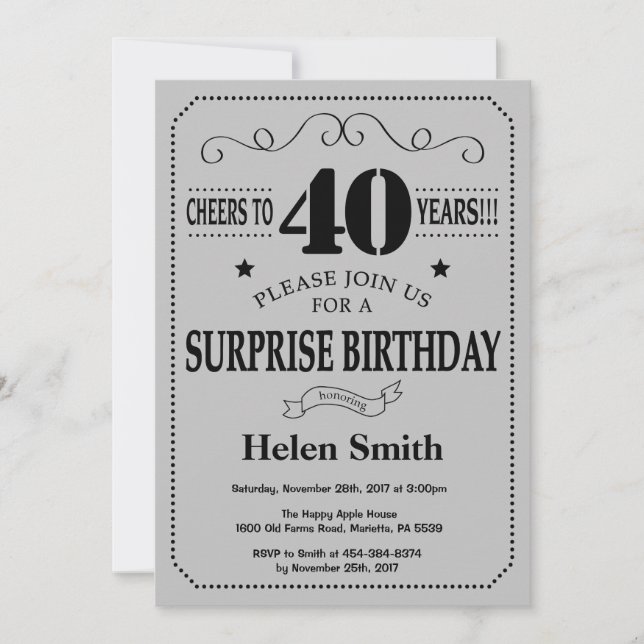 Surprise 40th Birthday Black and Silver Grey Invitation (Front)