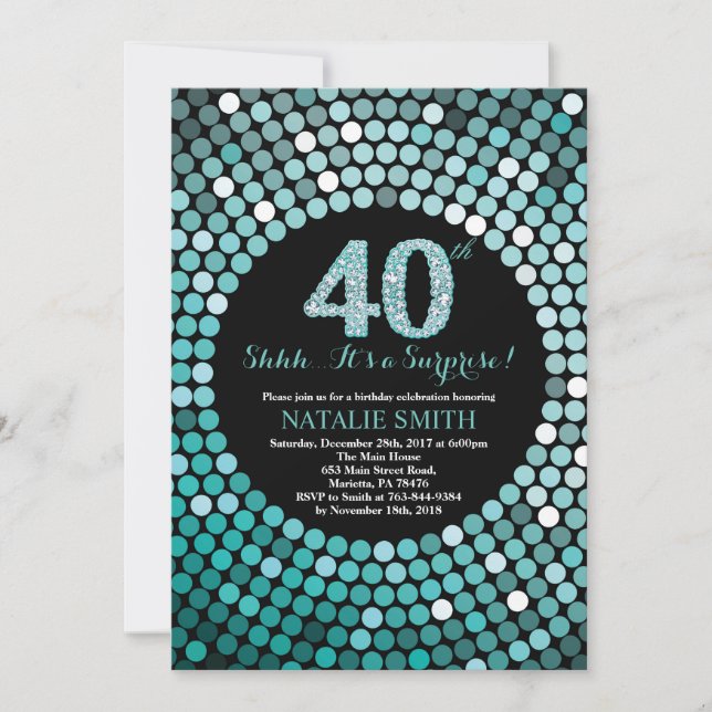 Surprise 40th Birthday Black and Teal Glitter Invitation (Front)