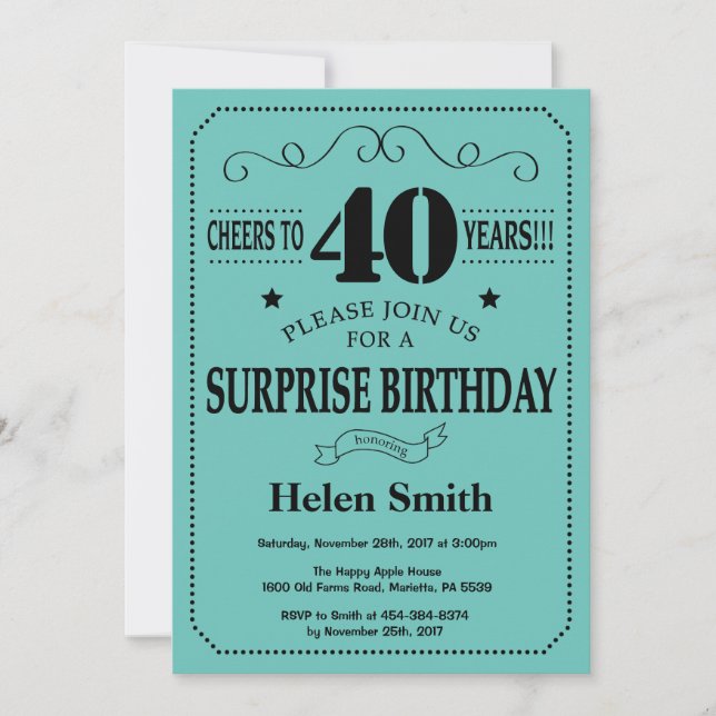 Surprise 40th Birthday Black and Teal Invitation (Front)