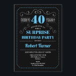 Surprise 40th Birthday - Black Blue Invitation<br><div class="desc">Surprise 40th Birthday Invitation
Elegant retro chalkboard,  black,  blue and white design. Cheers to 40 years! Can be customised to show any age.</div>