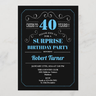 Surprise 40th Birthday - Black Blue Invitation