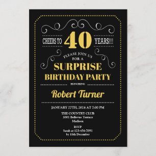 Surprise 40th Birthday - Black Gold Invitation
