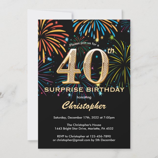 Surprise 40th Birthday Black Gold Rainbow Firework Invitation (Front)