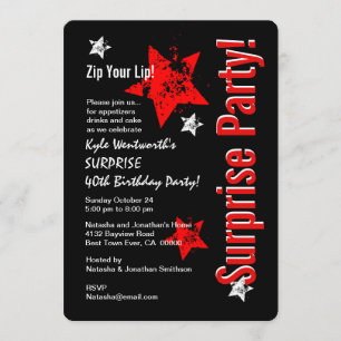 SURPRISE 40th Birthday Black Red Grunge Stars 3 Invitation