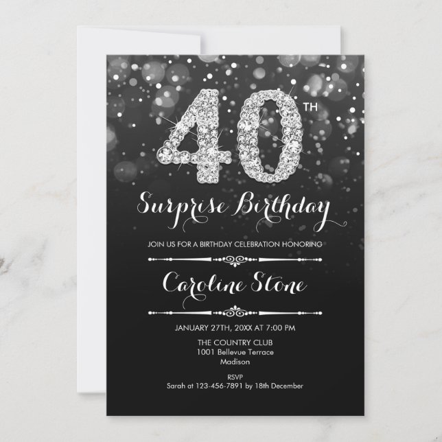 Surprise 40th Birthday - Black Silver Invitation (Front)