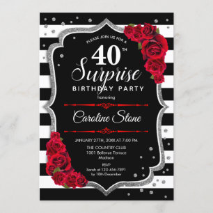 Surprise 40th Birthday - Black White Red Invitation