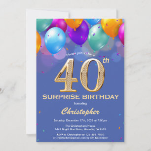 Surprise 40th Birthday Blue and Gold Balloons Invitation
