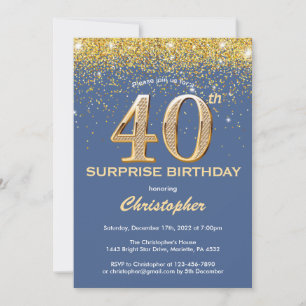 Surprise 40th Birthday Blue and Gold Glitter Invitation
