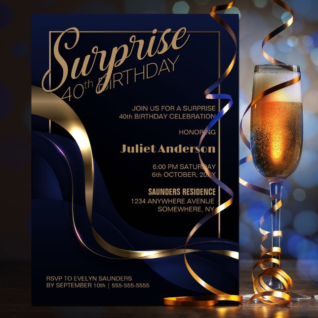 Surprise 40th Birthday Blue Gold Party Invitation (Creator Uploaded)
