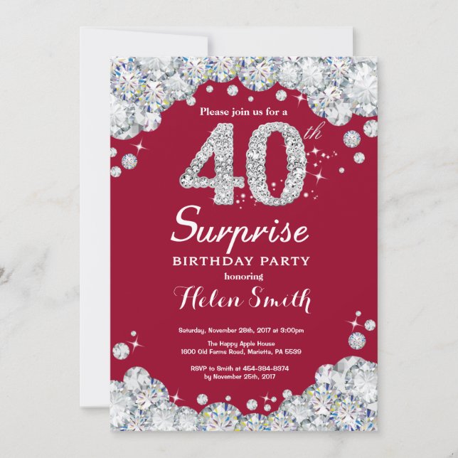 Surprise 40th Birthday Burgundy Red Silver Diamond Invitation (Front)