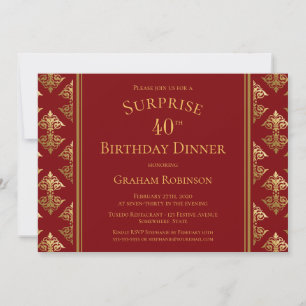 Surprise 40th Birthday Dinner Red Gold Damask Invitation