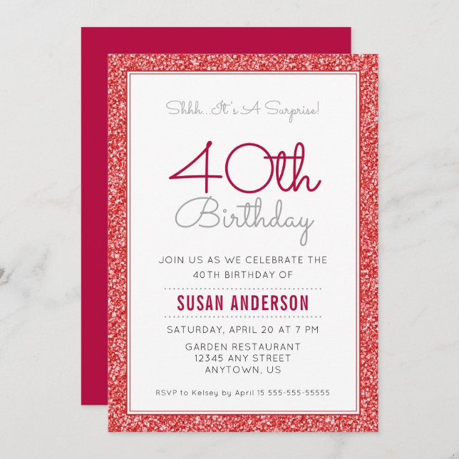 Surprise 40th Birthday Faux Red Glitter Invitation (Front/Back)