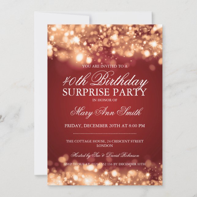 Surprise 40th Birthday Gold & Red Sparkling Lights Invitation (Front)
