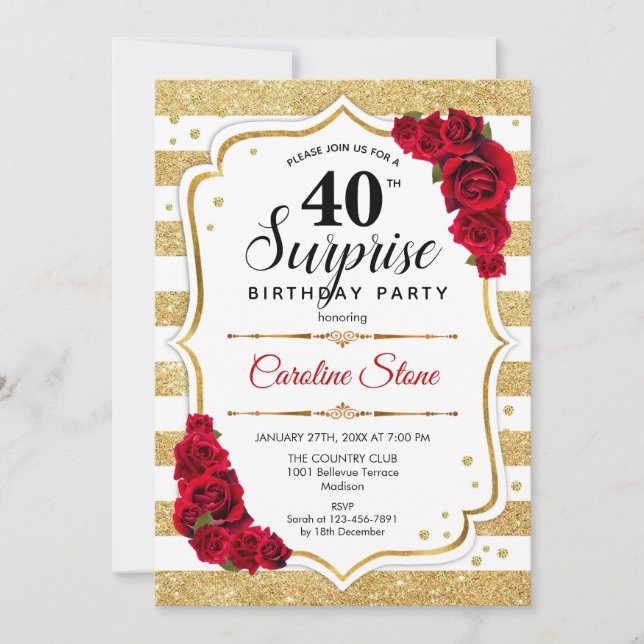 Surprise 40th Birthday - Gold White Red Invitation (Front)