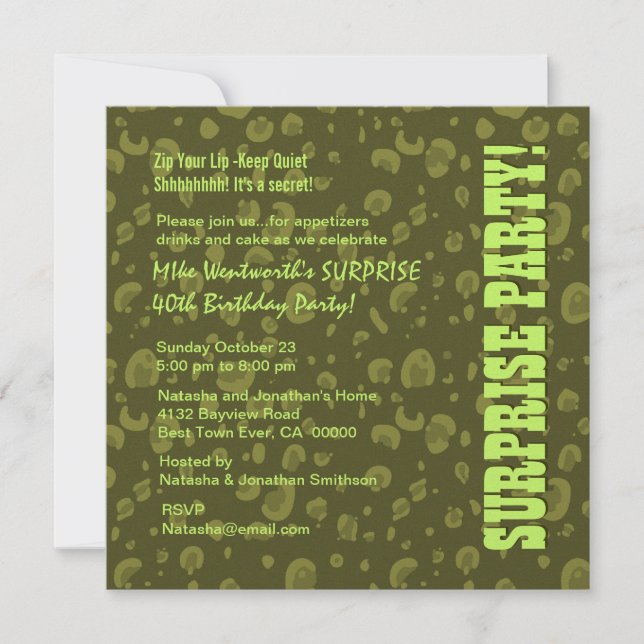 SURPRISE 40th Birthday Green Camo Confetti Invitation (Front)