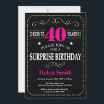 Surprise 40th Birthday Hot Pink and Black Invitation<br><div class="desc">Surprise 40th Birthday Invitation Hot Pink and Black Typography. Chalkboard. Black and White Background. Adult Birthday. Male Men or Women Birthday. Kids Boy or Girl Lady Teen Teenage Bday Invite. 13th 15th 16th 18th 20th 21st 30th 40th 50th 60th 70th 80th 90th 100th. Any Age. For further customisation, please click...</div>