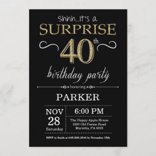 Surprise 40th Birthday Invitation Black and Gold